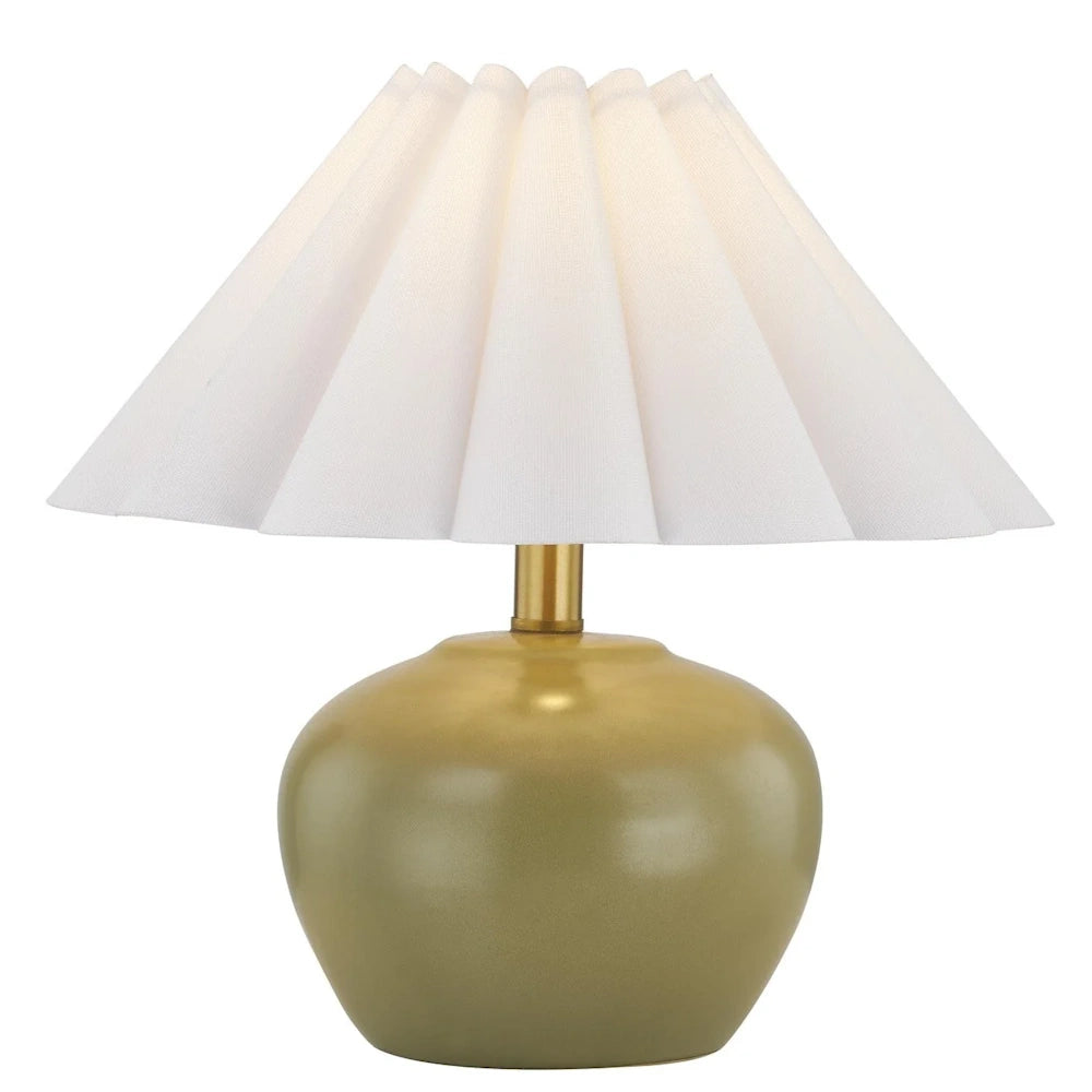 Modern gold ceramic table lamp with a white pleated fabric shade for elegant home decor.