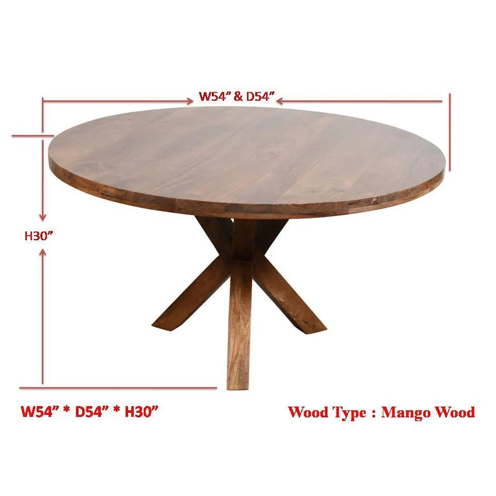 Round mango wood dining table dimension diagram with 54 inch top, 30 inch height and X pedestal base.