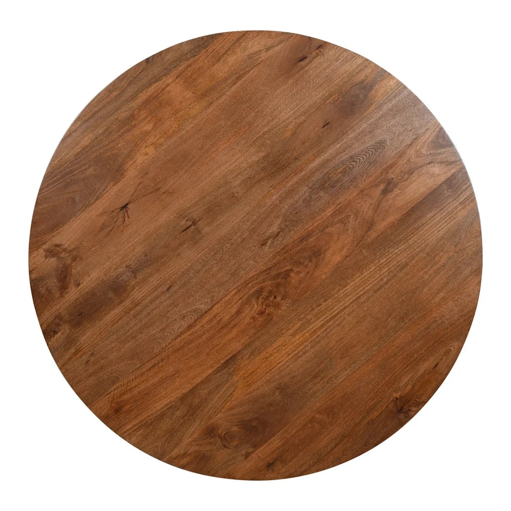 Top view of round natural wood dining table with warm grain pattern and smooth 54 inch tabletop surface.
