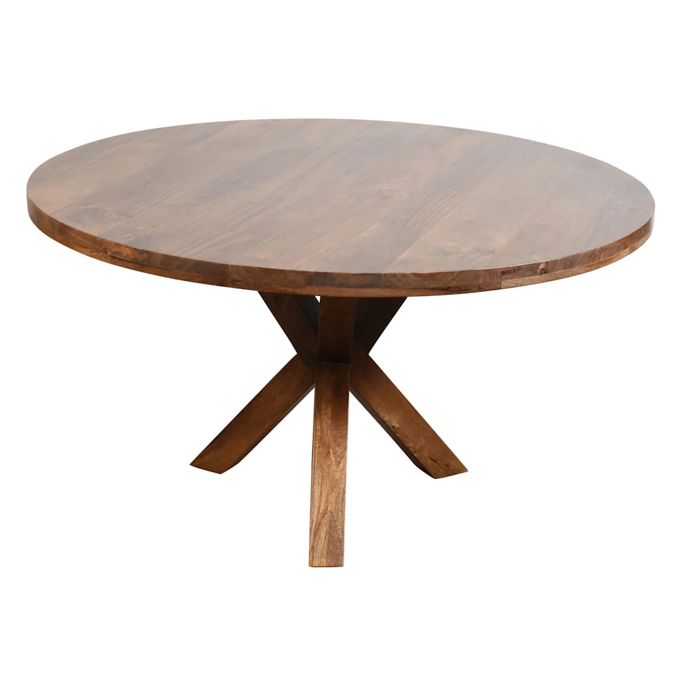 Round natural wood dining table with 54 inch tabletop and X shaped pedestal base for rustic dining rooms.
