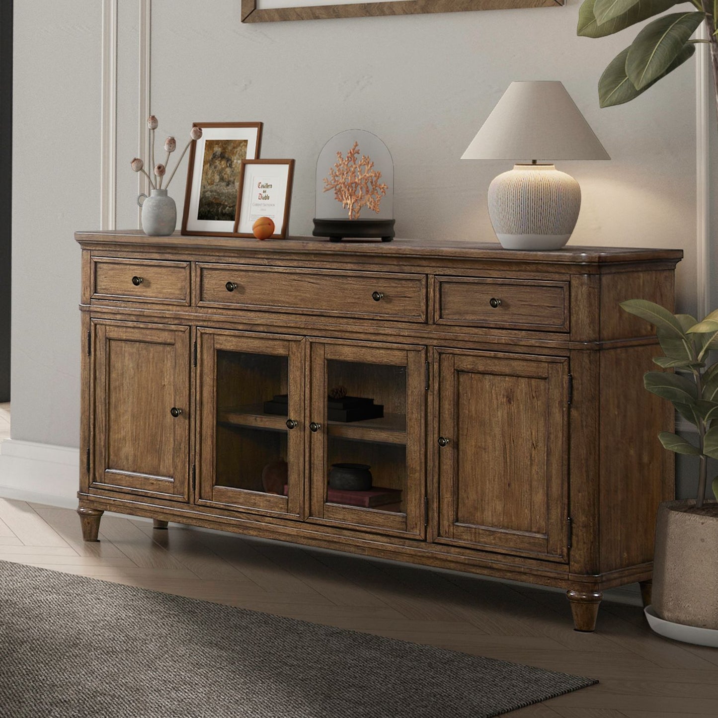 Harrison Heights wood buffet styled with a table lamp, decor, and framed art in a bright, modern dining room.
