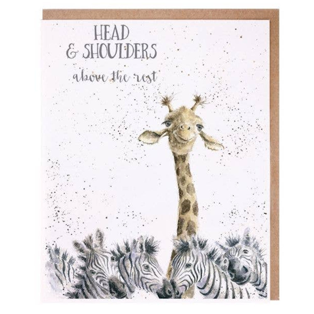 Watercolor greeting card with a giraffe and zebras featuring the text "Head & Shoulders above the rest."