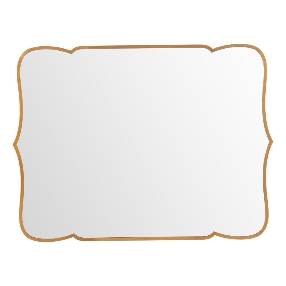 Elegant gold scalloped wall mirror with a vintage ornate frame, perfect for a classic bathroom or vanity.