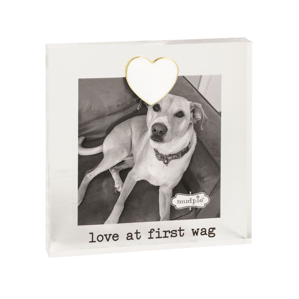 Clear acrylic photo block featuring a black-and-white dog photo, heart magnet, and "love at first wag".