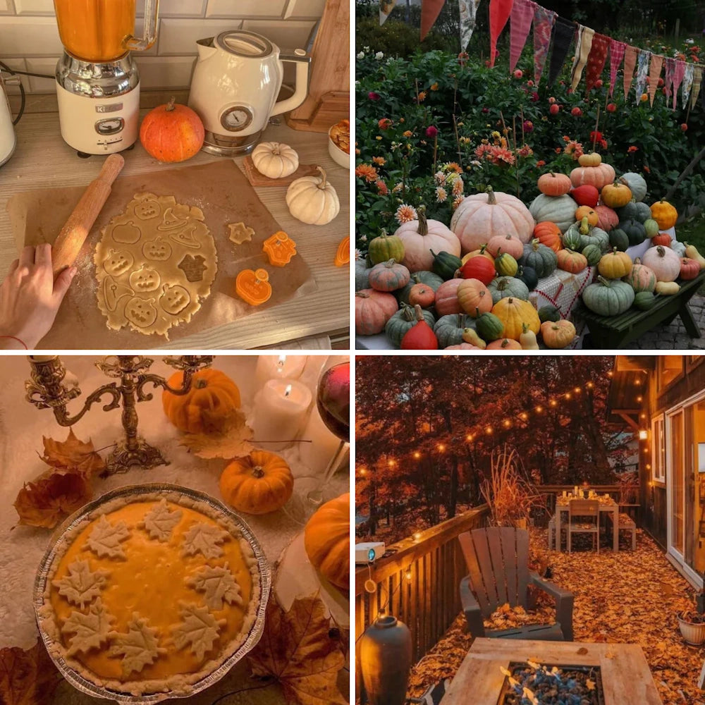 Four-panel collage of cozy autumn activities, including baking pumpkin cookies, a garden pumpkin display, and a pie.