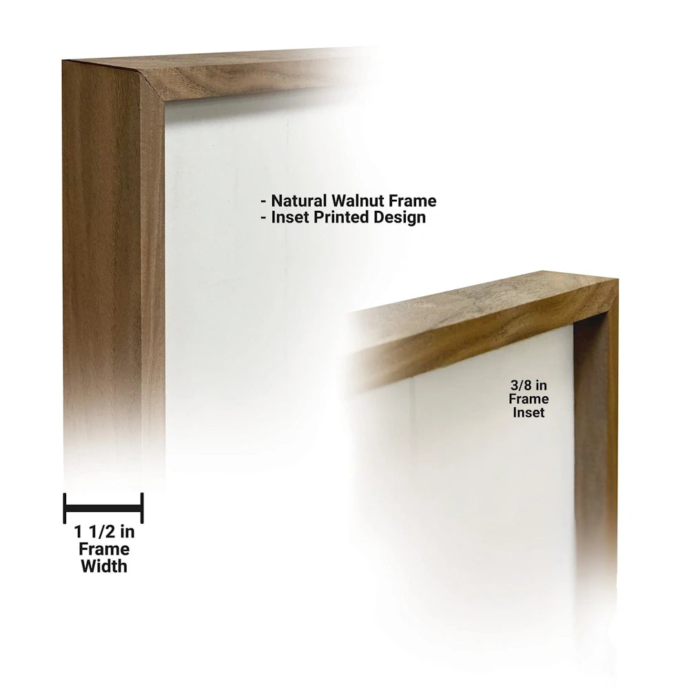 Close-up showing a 1 1/2 in natural walnut frame with a 3/8 in inset printed design.