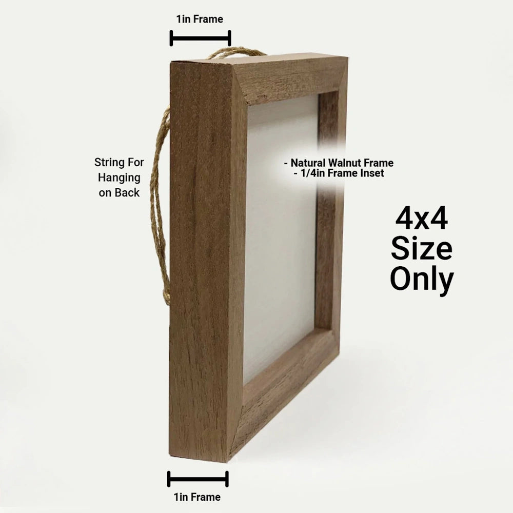 Side view of a 4x4 walnut frame with 1-inch depth and a hanging string attached to the back.