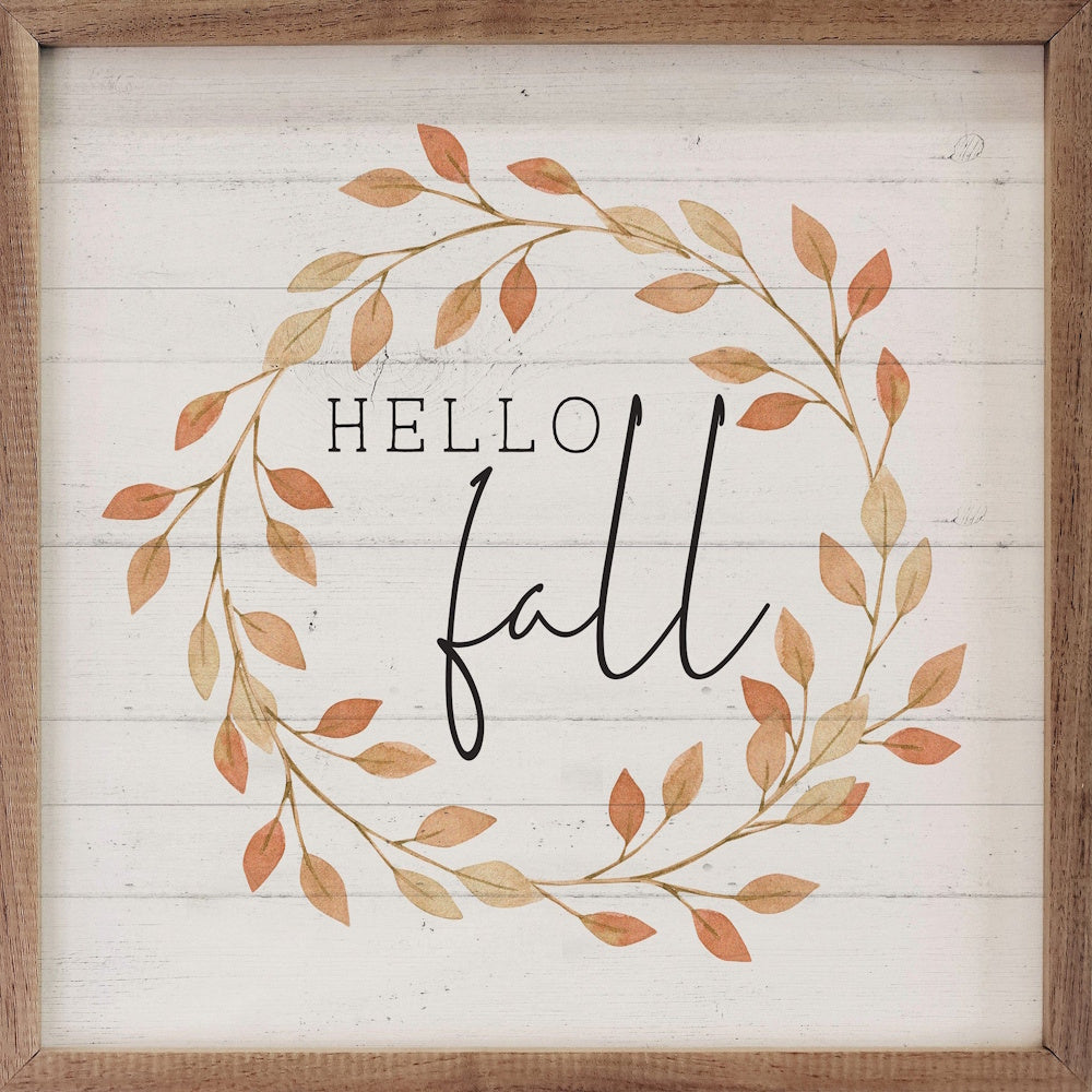 Square wooden sign reading "HELLO fall" inside a circular wreath of autumn leaves.