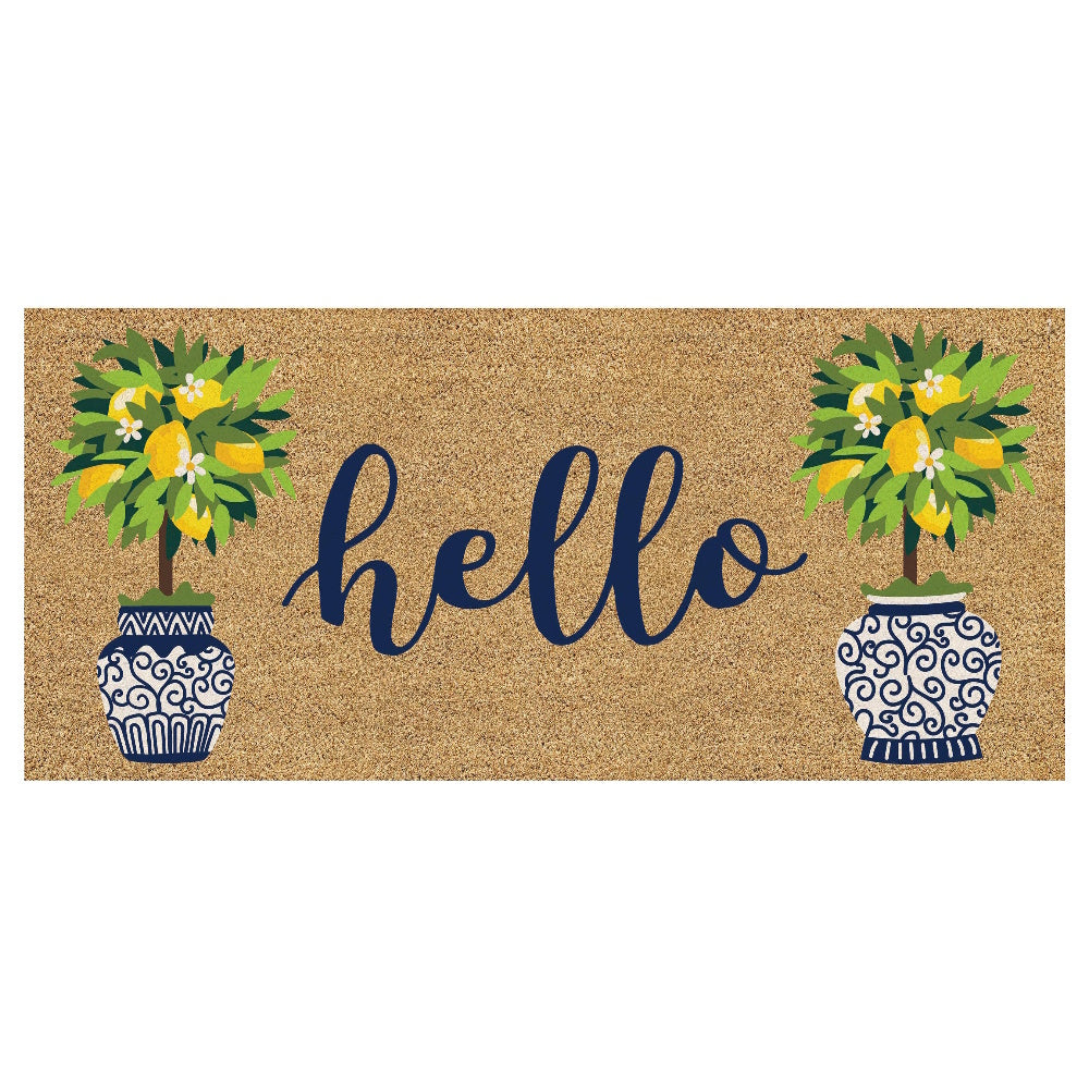 Coir doormat with "hello" in blue script between two potted lemon topiary trees in blue and white Chinoiserie vases.
