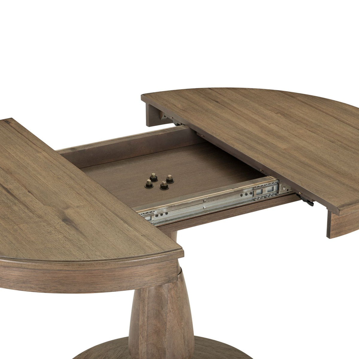 Wooden pedestal dining table pulled open with metal slides visible, showing leaf storage compartment.