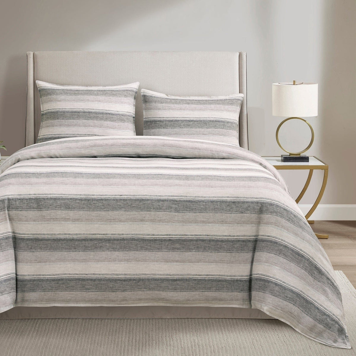 100% French Flax Linen Variegated Stripe Duvet Cover Set-Super King — alternate view 2