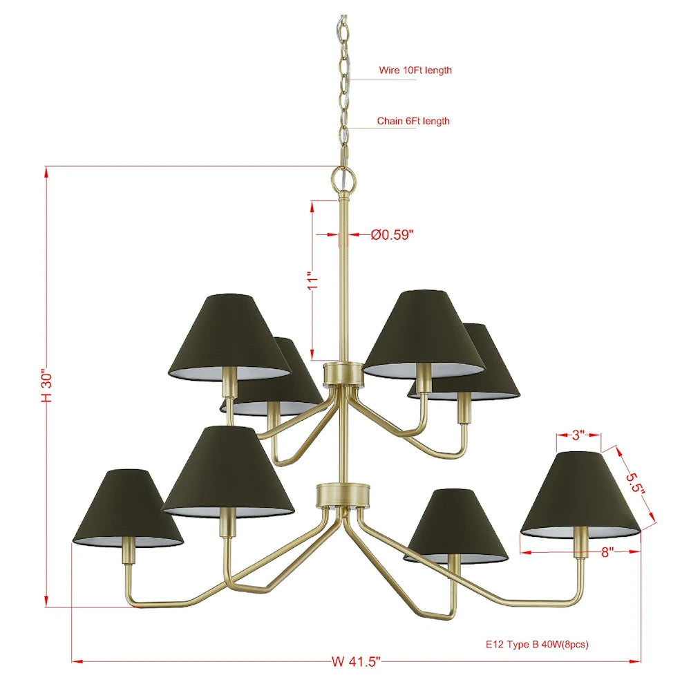 Gold 2-tier 8-light chandelier dimensions: 41.5" wide, 30" high, featuring black shades and E12 bulb specs.