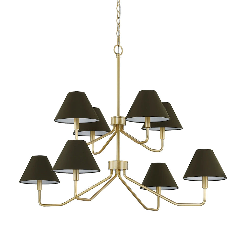 Modern 9-light gold chandelier with two tiers of elegant black tapered fabric shades for contemporary dining room lighting.
