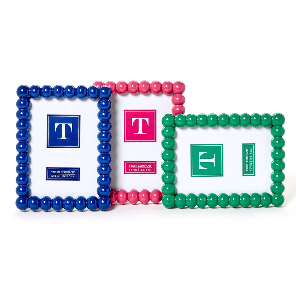 Three colorful hobnail beaded photo frames in blue, pink, and green against a white background.