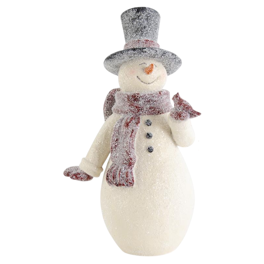 Glittered vintage snowman figurine wearing a top hat and red scarf, holding a small cardinal bird in its hand.