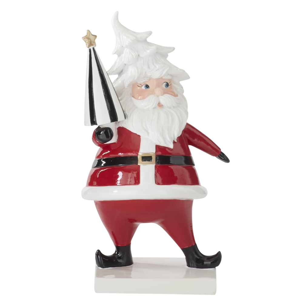 Resin Santa figurine in a red suit holding a black-and-white striped decorative tree.