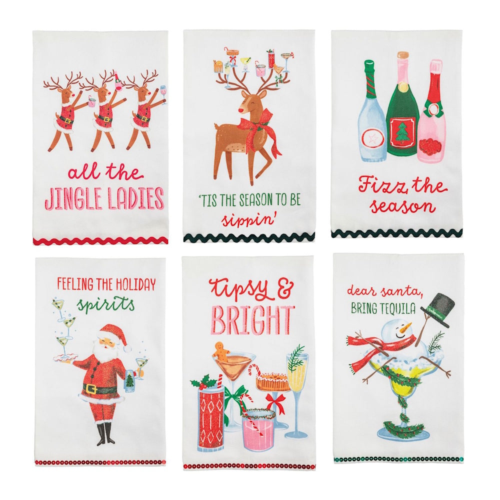 Set of six holiday towels with festive illustrations and funny Christmas cocktail quotes.