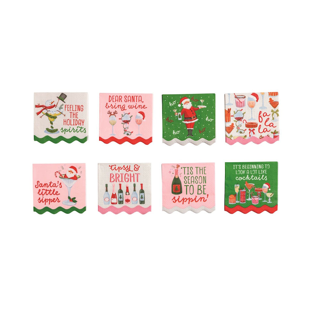 Set of eight festive holiday bar napkins featuring festive drink illustrations and fun Christmas puns.