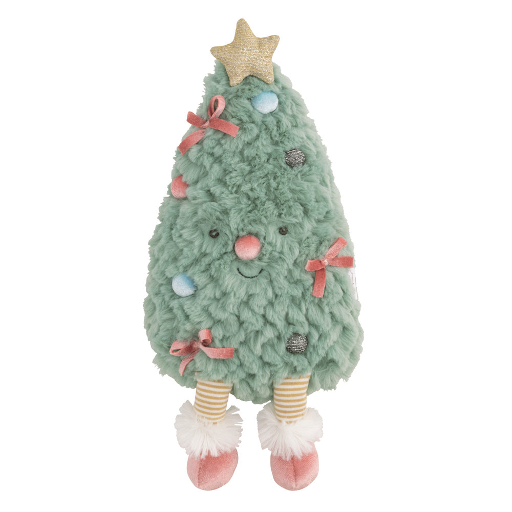 Green plush Christmas tree toy with pink bows, a gold star, and striped legs with fuzzy white boots on a white background.