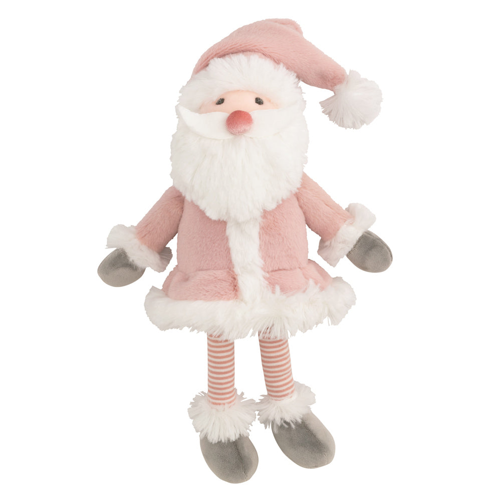 Plush Santa Claus toy wearing a soft pink suit and hat with white faux fur trim and striped legs for holiday home decor.