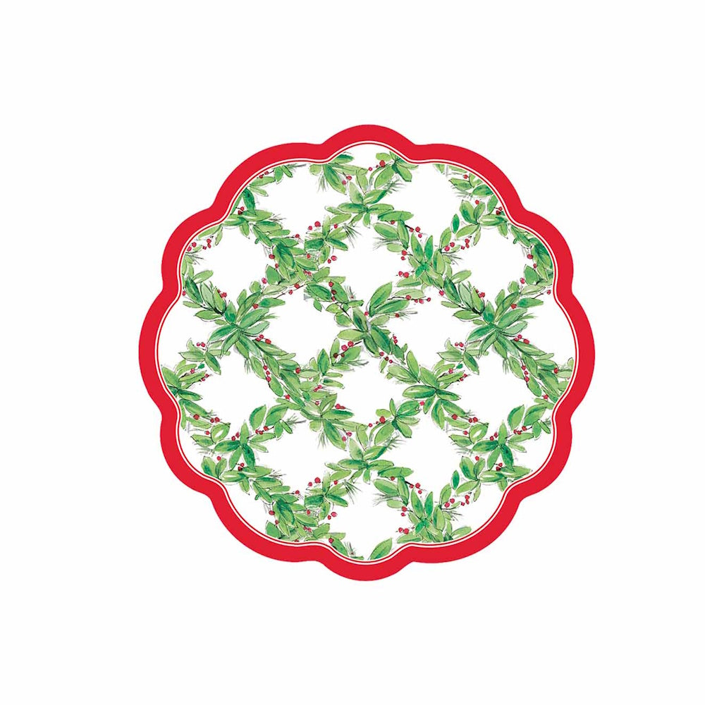 Flat lay view of a red and green paper appetizer bowl featuring a festive holly lattice design.