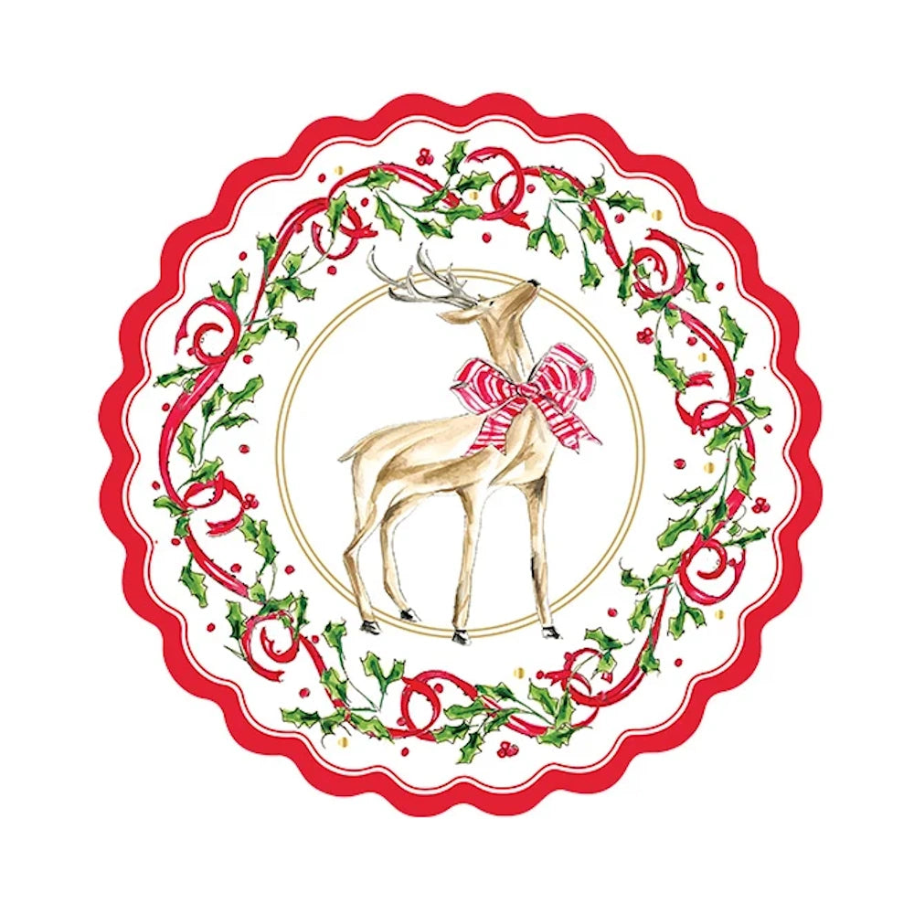 Front view of a white, red, and green holiday paper salad plate featuring a reindeer and holly wreath.