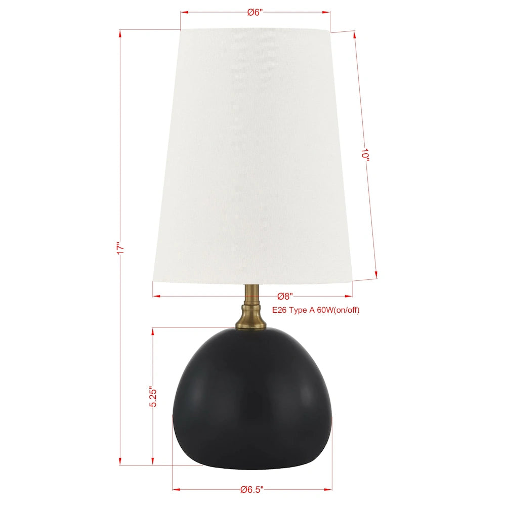 Black dome table lamp dimensions with white tapered shade, 17 inch height and brass accent hardware.