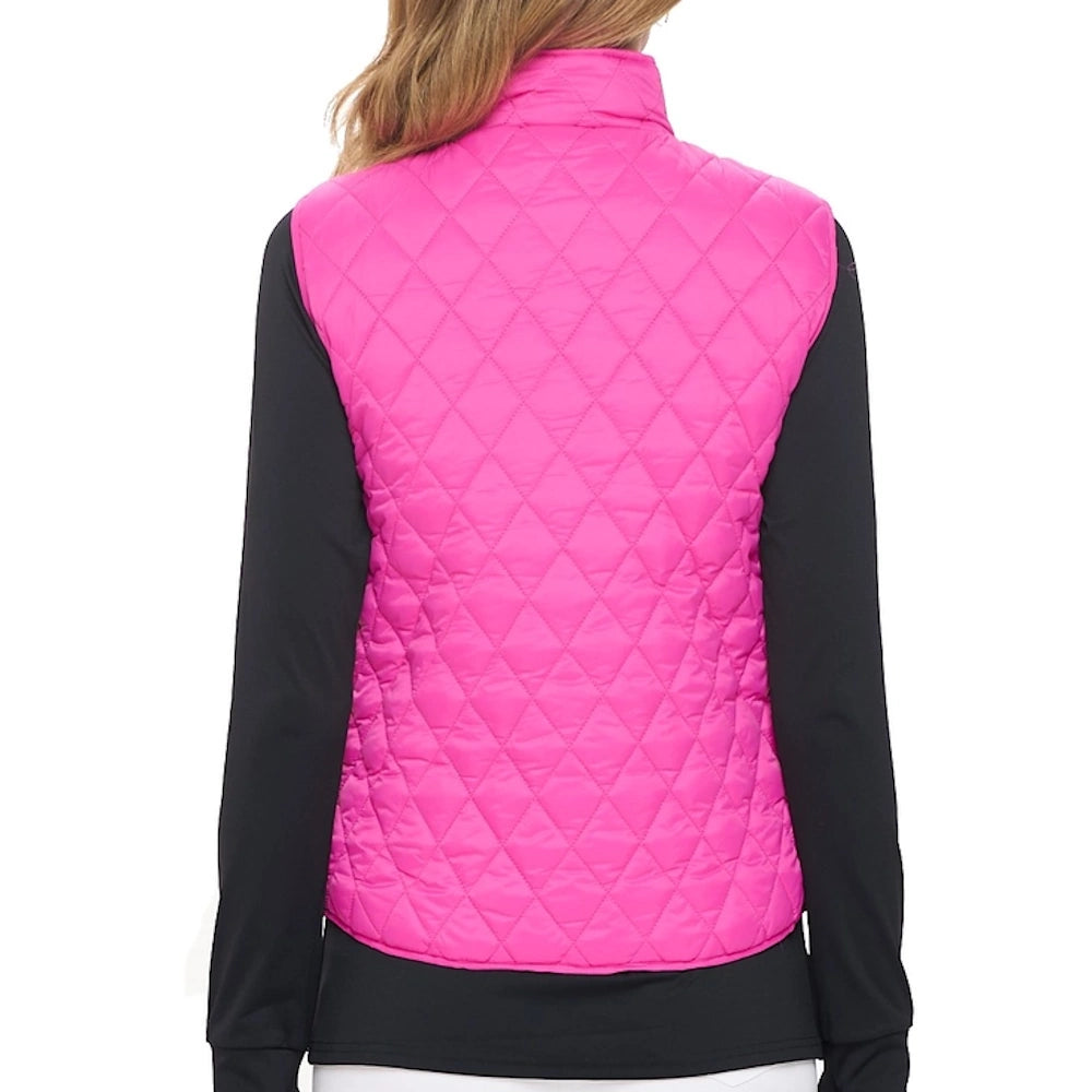 Back view of a woman wearing a pink diamond-quilted vest over a long-sleeve black top.