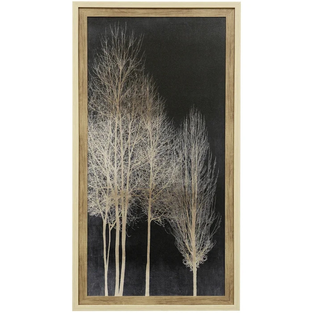 A tall, framed art print of four bare golden birch trees silhouetted against a dark, textured charcoal-grey background.