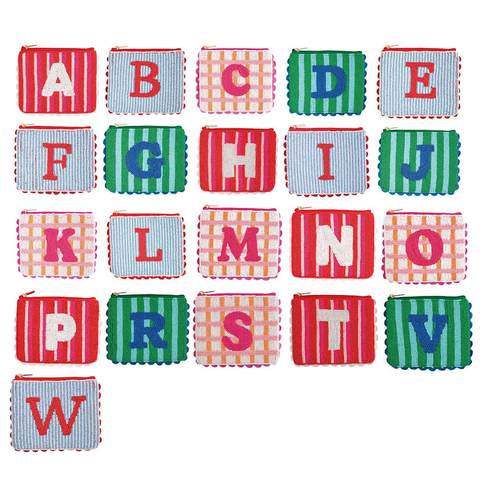 Colorful beaded initial pouch cases with various striped and plaid patterns from A to W.