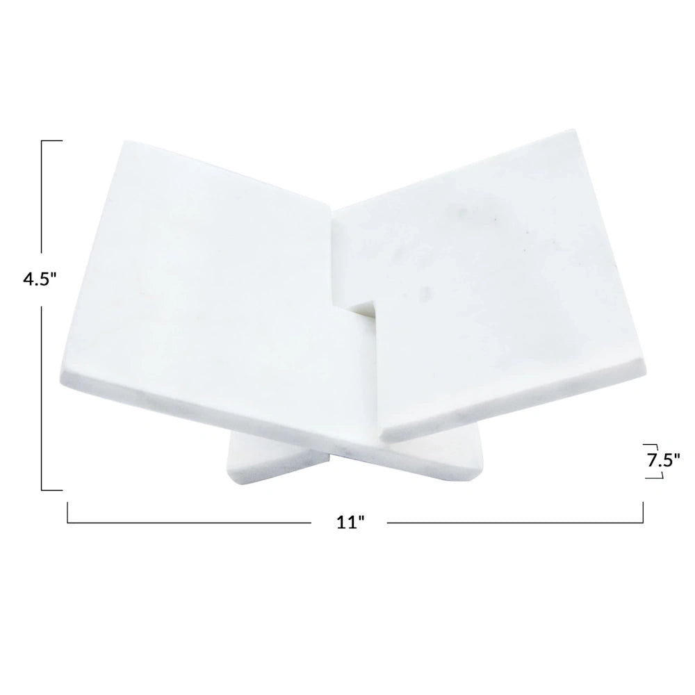 White interlocking marble book stand with 11" width, 7.5" depth, and 4.5" height dimensions on a white background.
