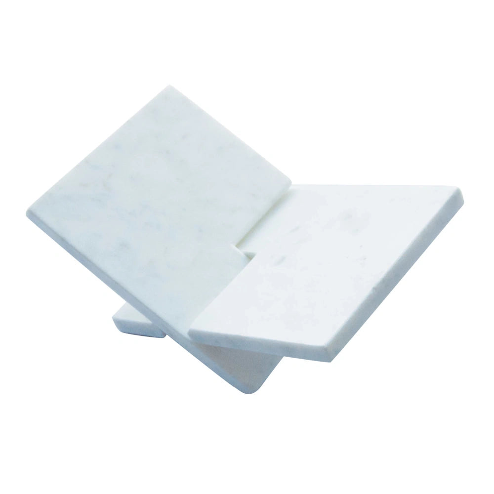 Interlocking white marble book holder stand for open book display, minimalist modern home library decor.