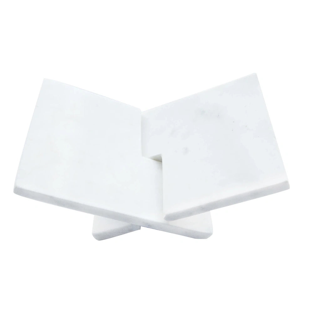 White marble interlocking book stand or holder, elegant V-shaped display for open books, minimalist home decor.