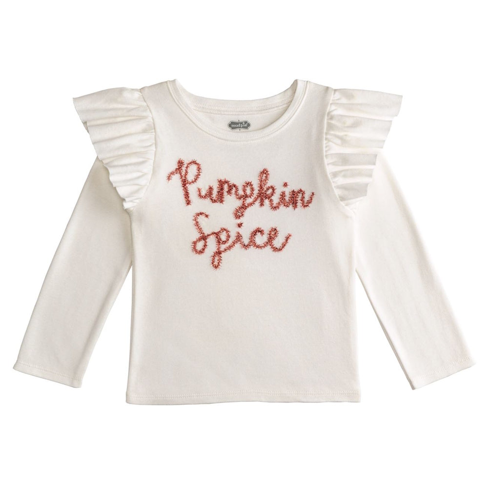 An ivory long-sleeve toddler shirt featuring ruffled shoulders and "Pumpkin Spice" in orange tinsel script.