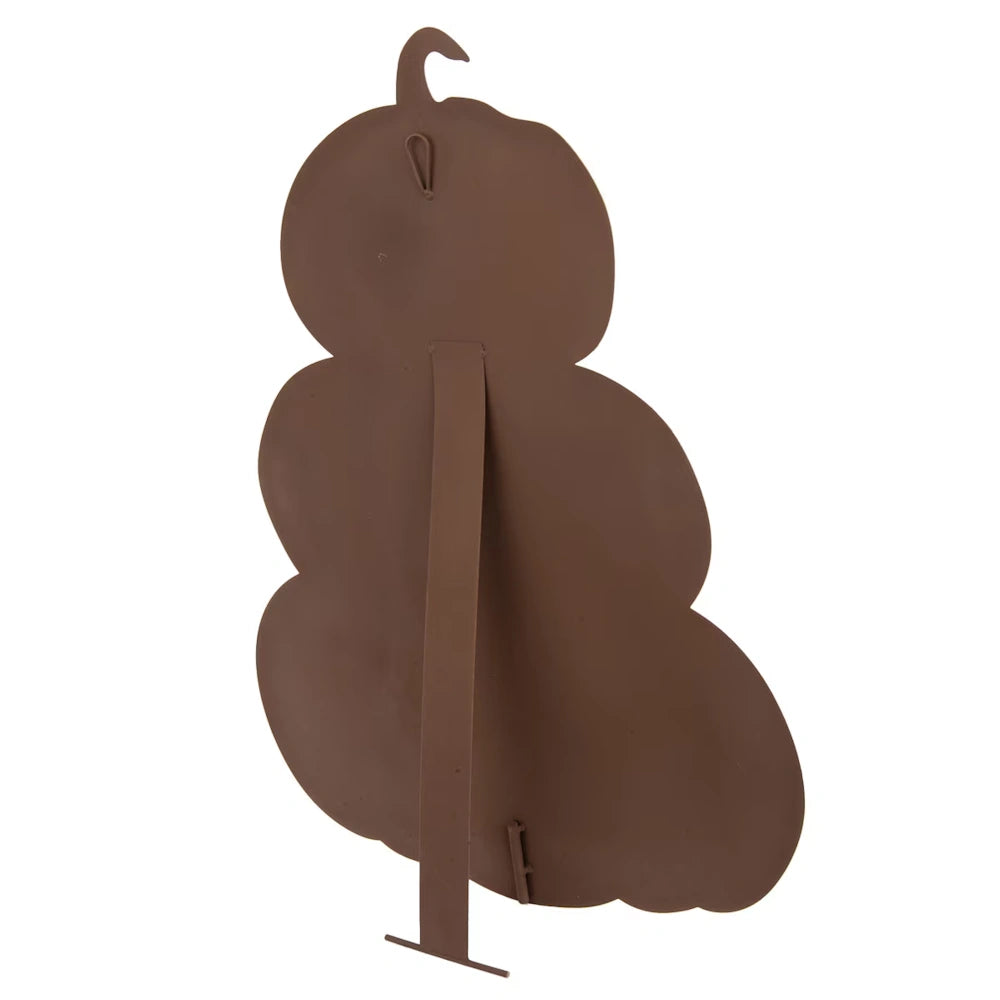 The back of a brown metal jack-o'-lantern topiary decoration, featuring a supporting easel and hanging loop.