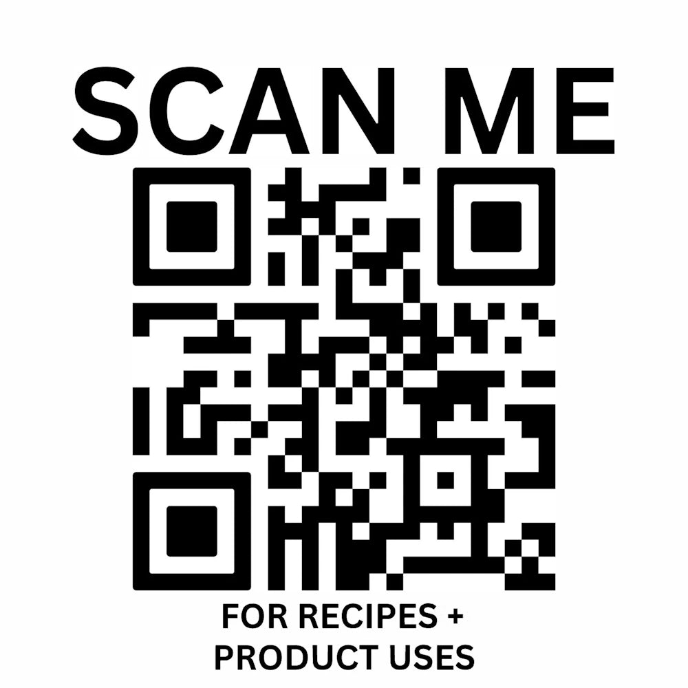 QR code with "SCAN ME" text for recipes and product uses.