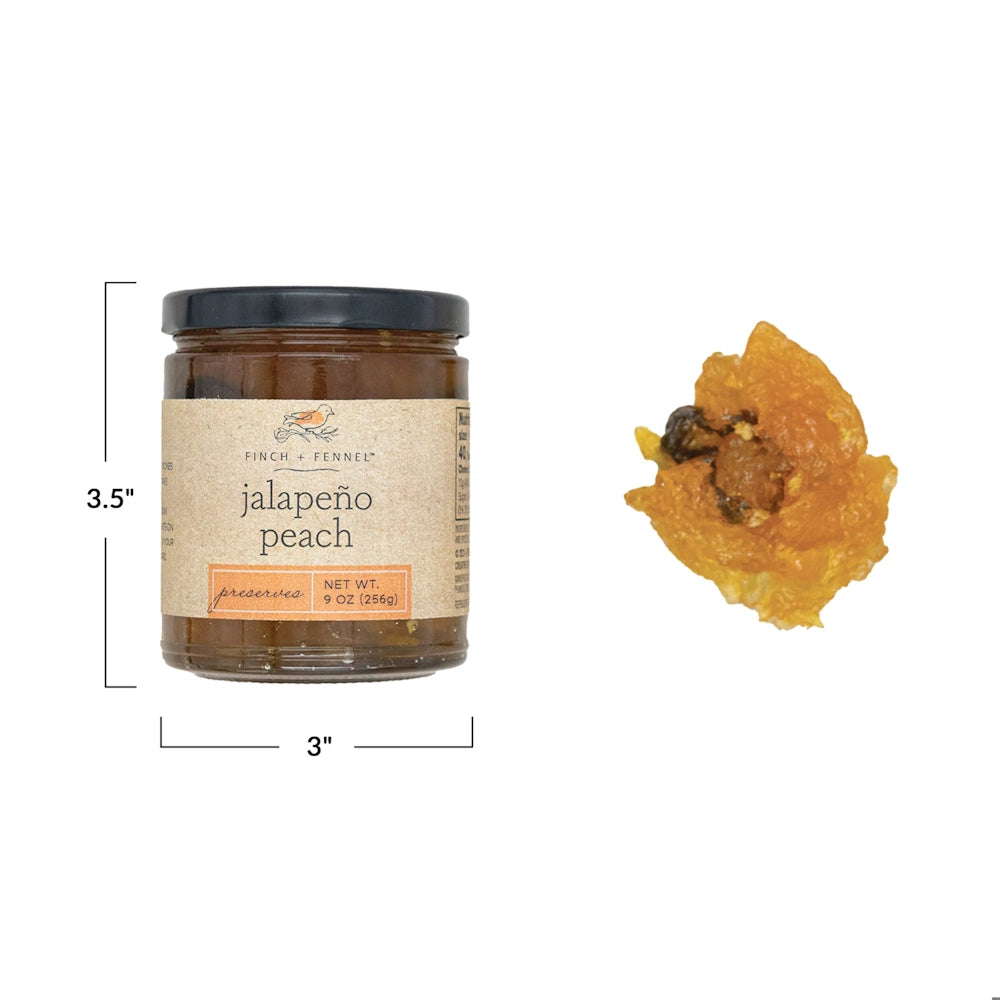 Finch + Fennel Jalapeño Peach Preserves jar measuring 3.5 inches high by 3 inches wide alongside preserves.