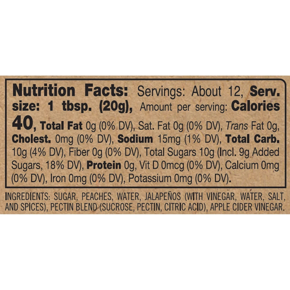 Nutrition facts label and ingredient list for jalapeño peach preserves printed on kraft paper background.