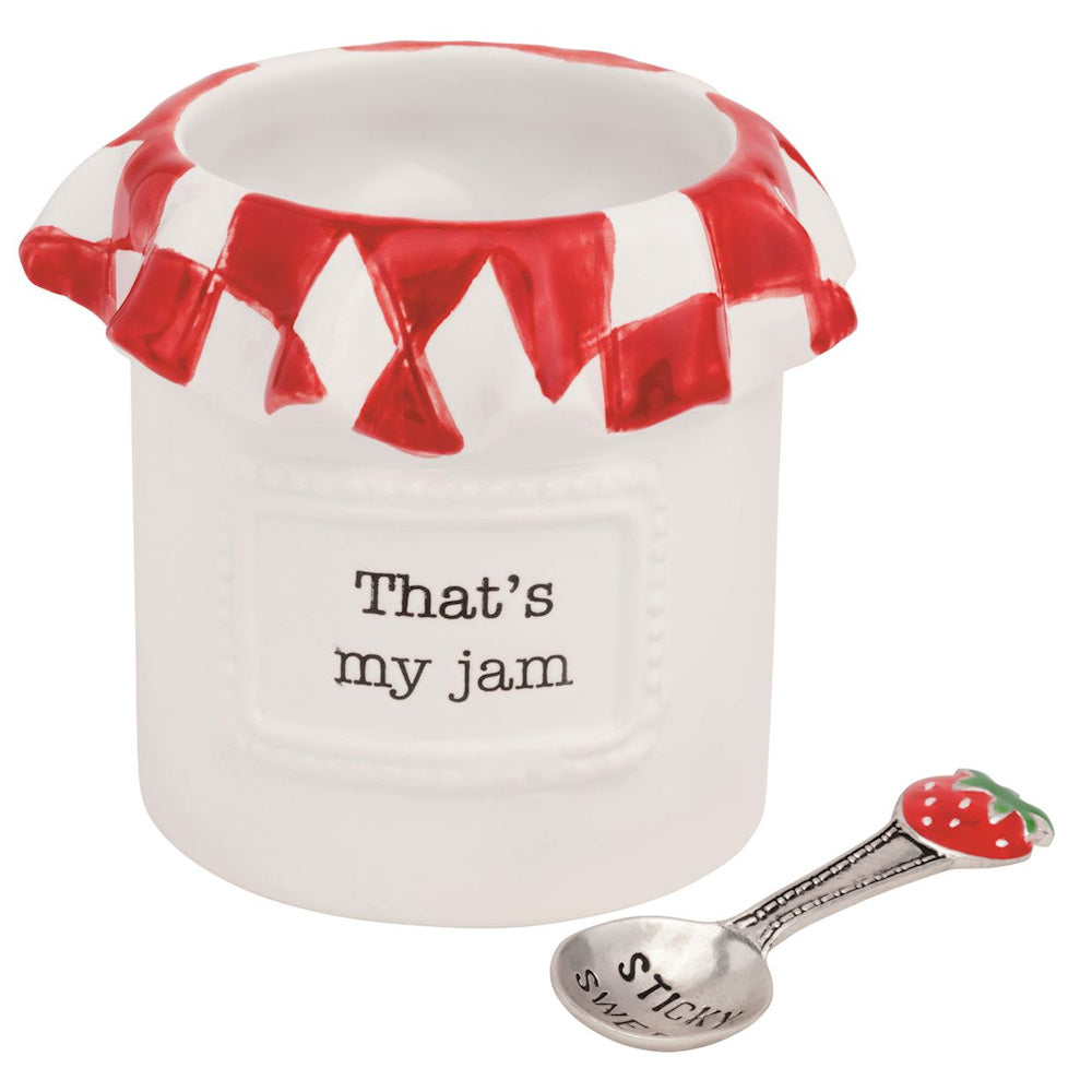 Ceramic "That's my jam" jar with red gingham lid and strawberry spoon, cute kitchen storage for jam and preserves.