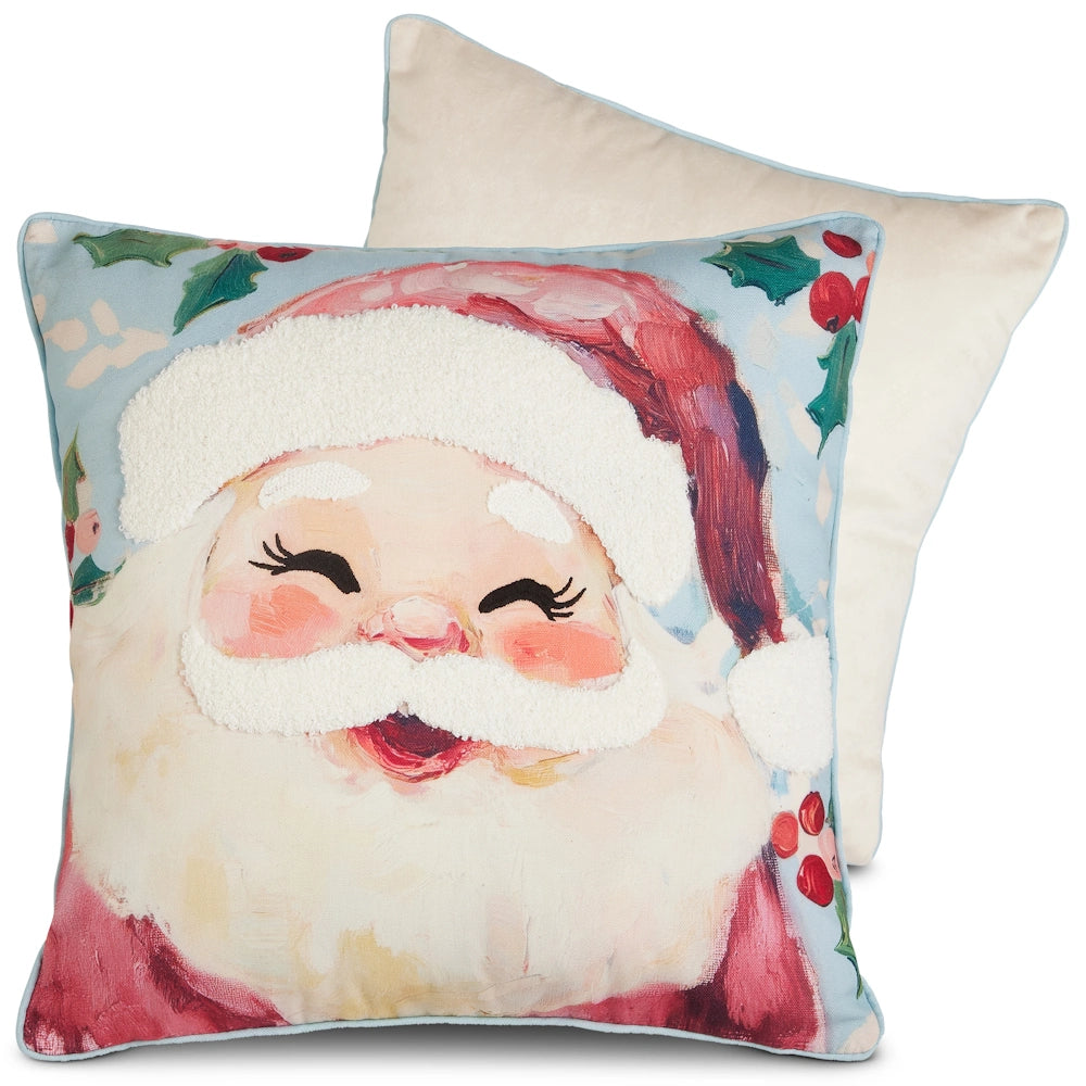 Decorative throw pillow featuring a joyful painted Santa Claus face with textured white beard and red hat.