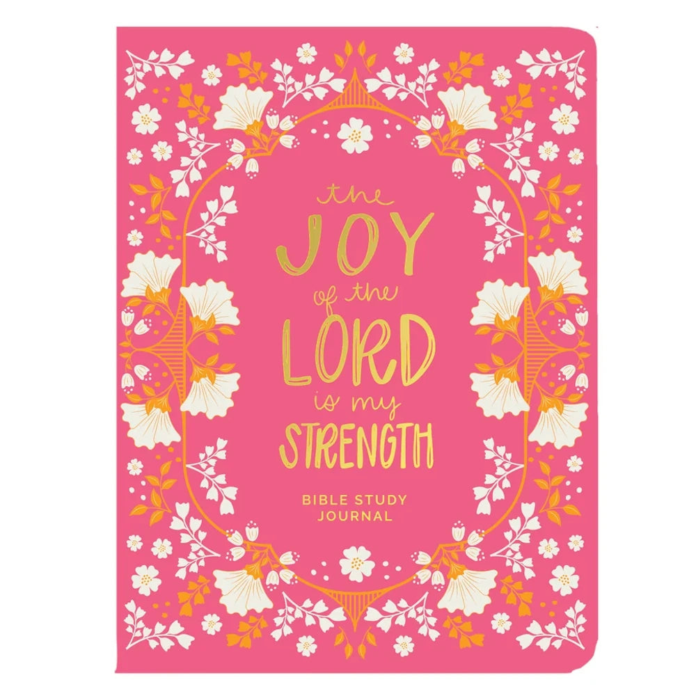 Pink Bible study journal with gold "The Joy of the Lord is my Strength" text and white floral border.
