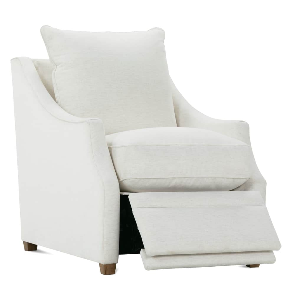 Cream upholstered zero wall power recliner chair with extended footrest, plush cushions and wood feet.