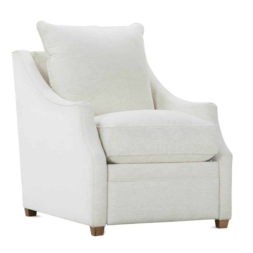 Cream upholstered zero wall power recliner chair with track arms, plush cushions and wooden block feet.