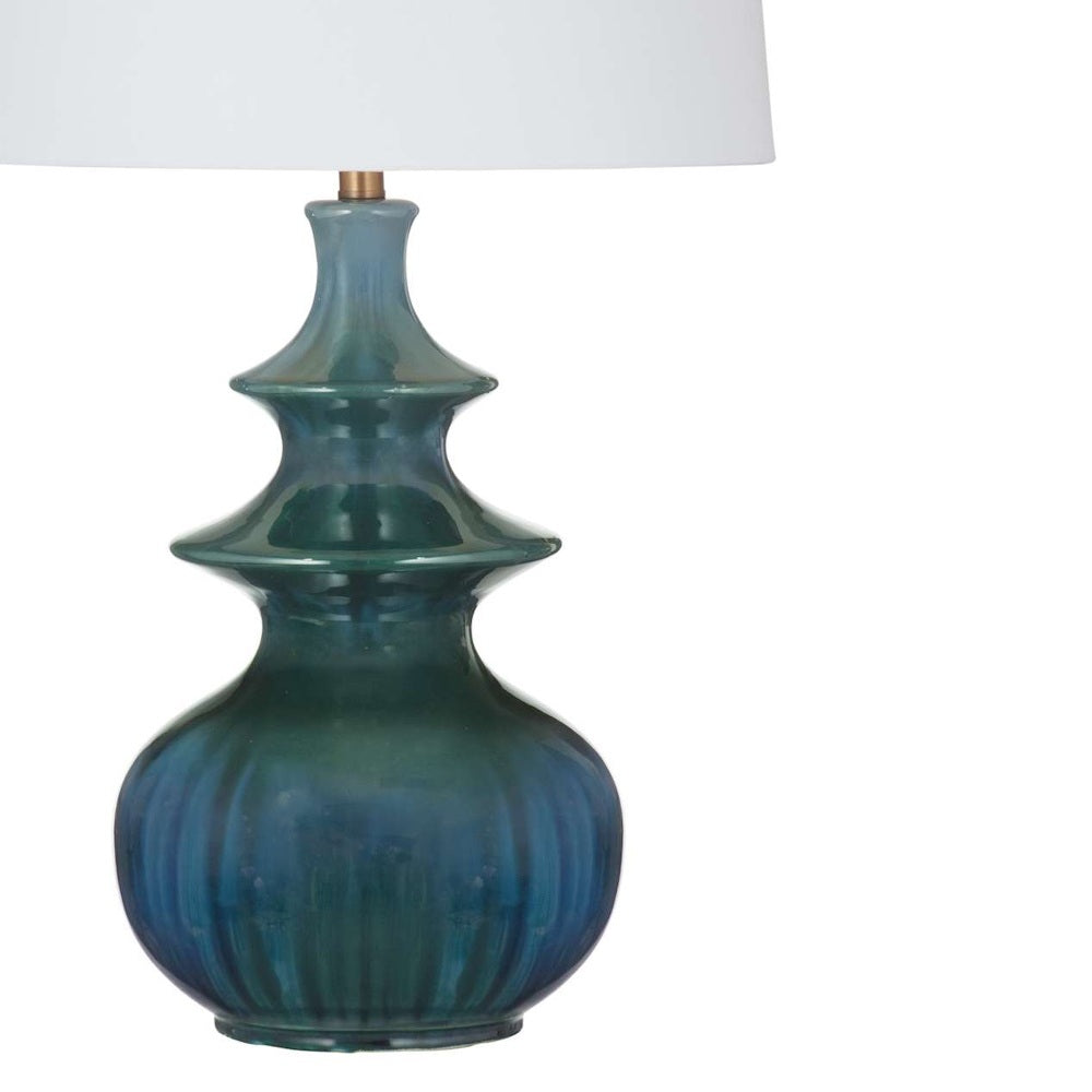 Close-up of a tiered teal glass lamp base with ribbed details below a white shade against a plain background.