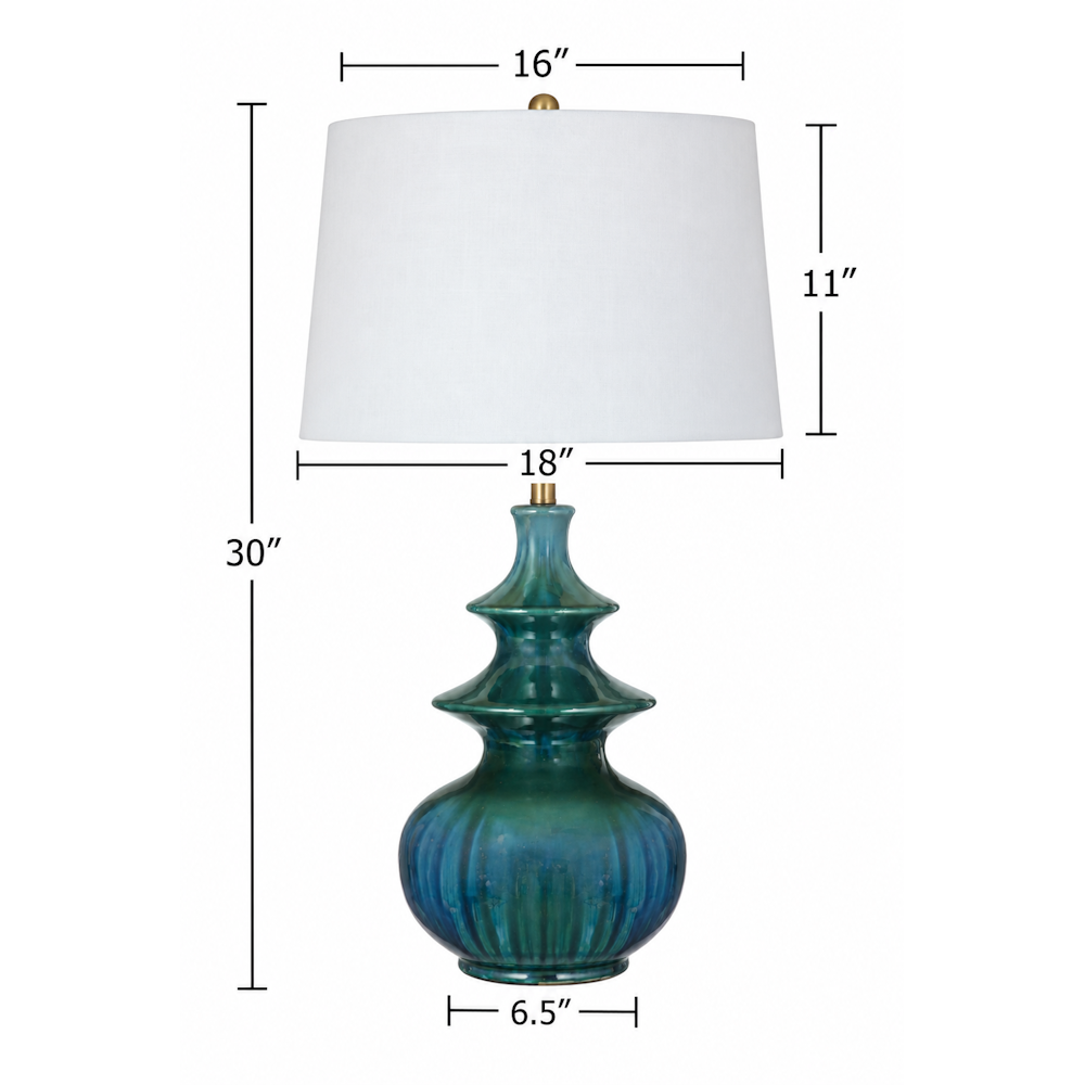 Teal glass table lamp with dimensions showing a 30-inch total height and 18-inch shade width.