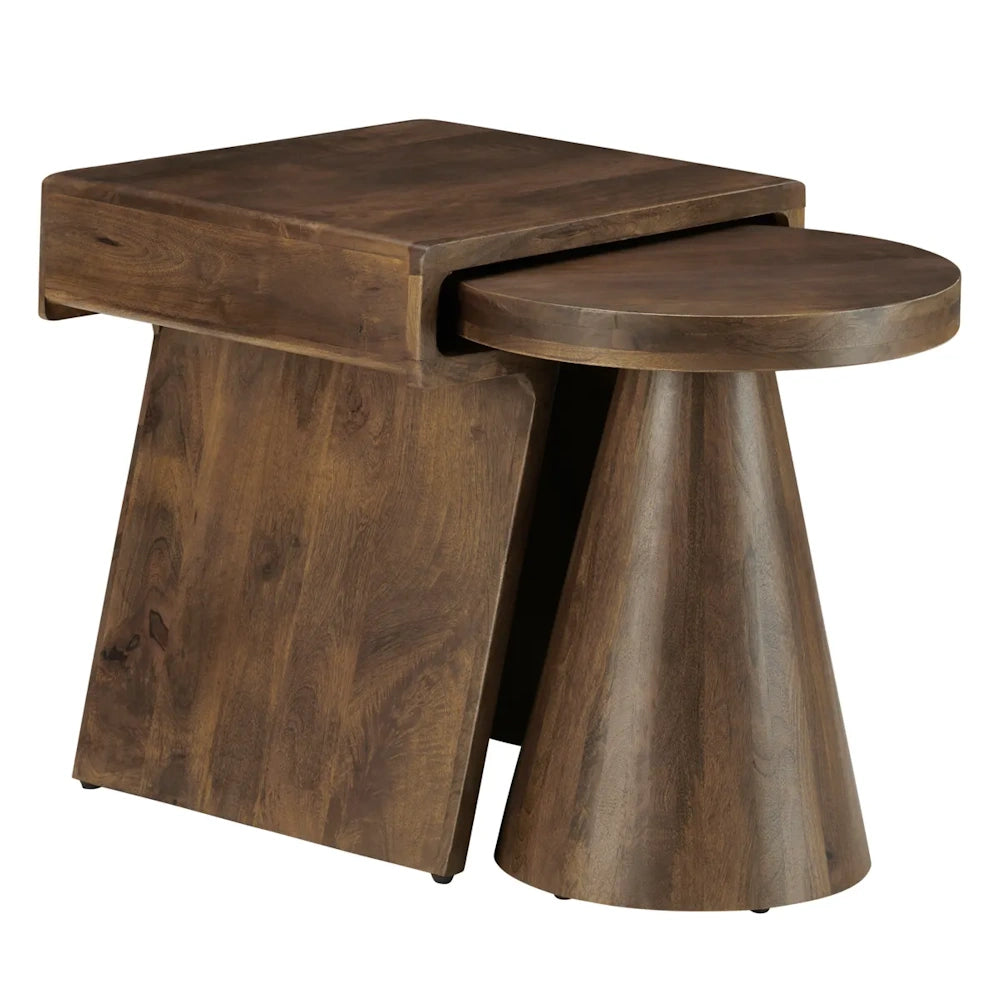 Set of two dark brown wooden nesting side tables with geometric bases on a white background.