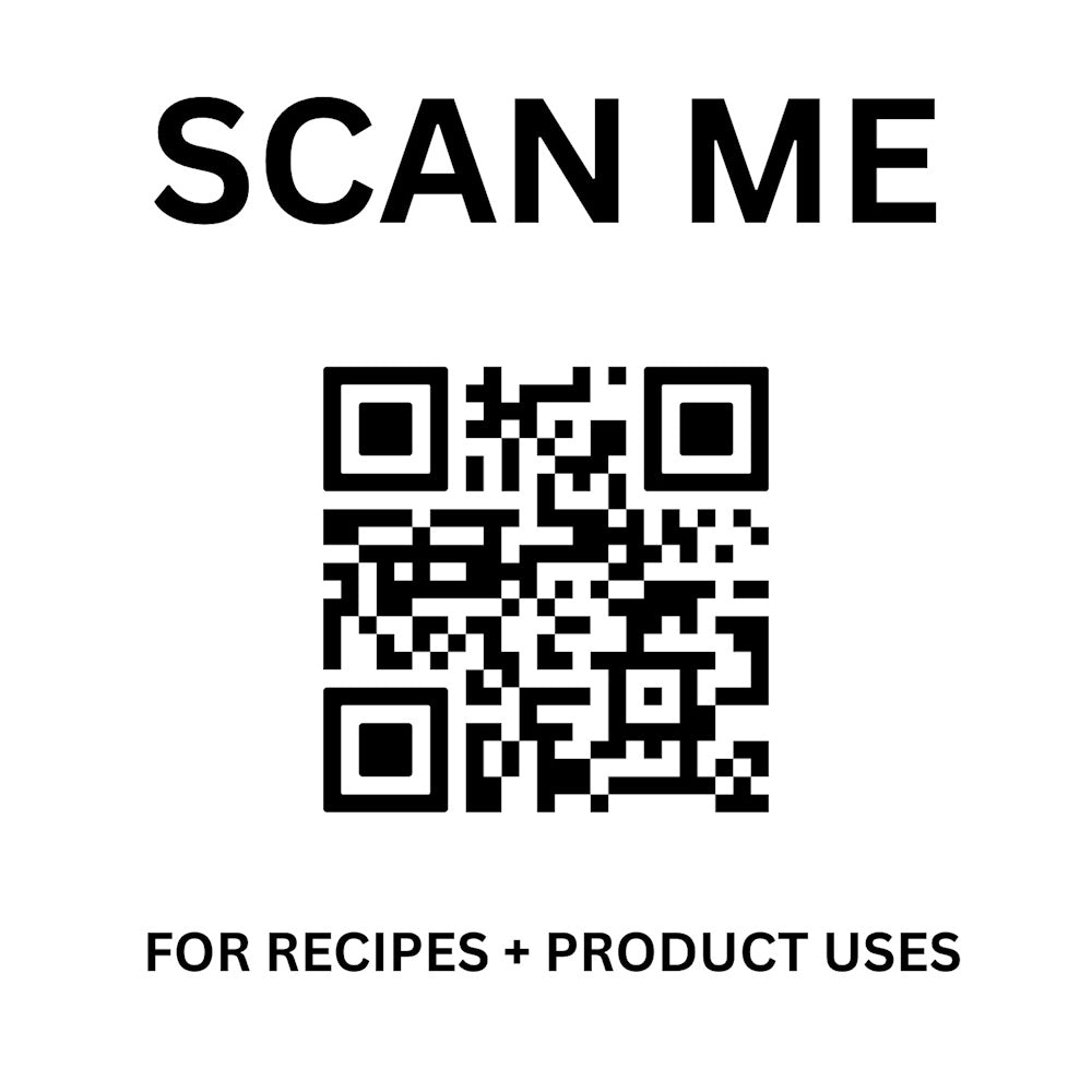 A QR code labeled "SCAN ME" on top and "FOR RECIPES + PRODUCT USES" below on a white background.