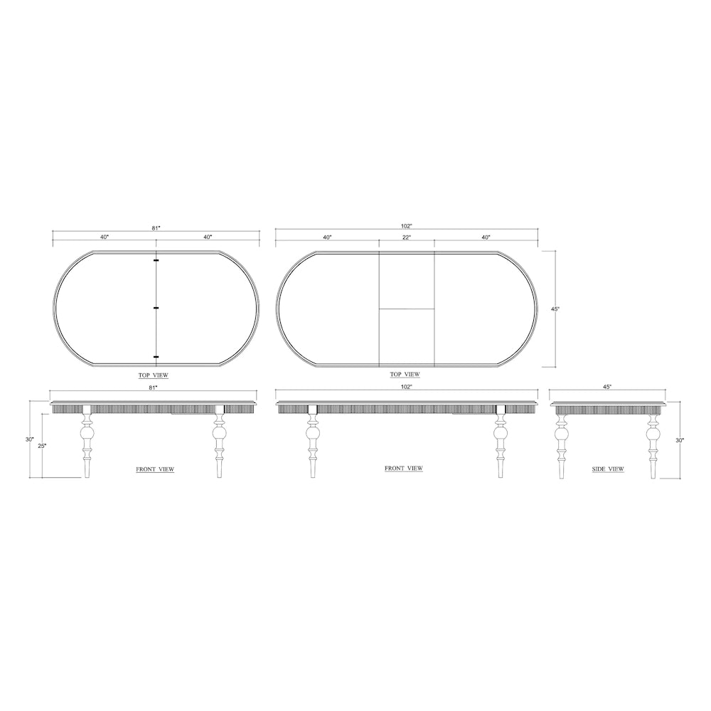 Dimension blueprint diagram for an extendable oval dining table showing top front and side views.