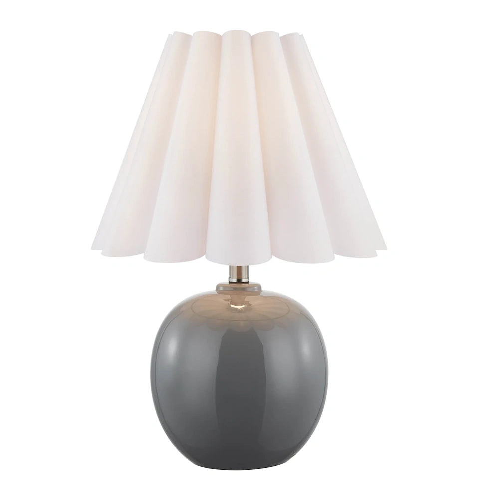 Glossy gray ceramic table lamp with white pleated shade and polished metal accent for modern decor.