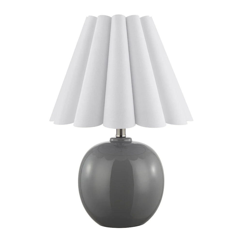 Glossy dark gray ceramic table lamp with round base, white pleated shade and brushed metal accent.